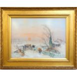 R Dalton (19th century) Winter landscape with farmer carrying hay to cattle, farm buildings beyond