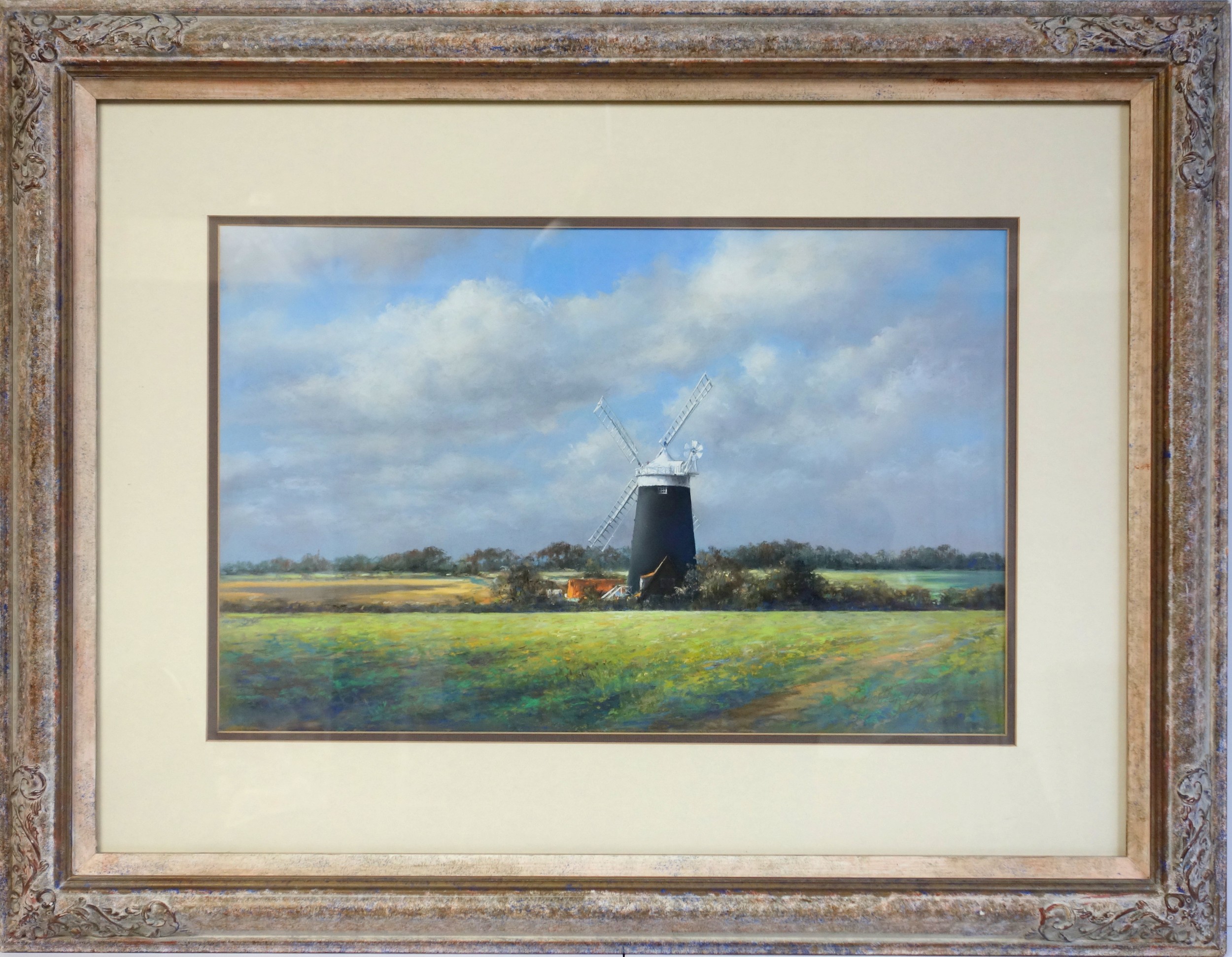 Christine Slade (b. 1943) Norfolk Broad Windmill, pastel, signed and dated 1991, 32cm x 50cm