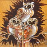 R Hold (?) ? (20th century), study of three owls perched on branches, oil and acrylic, signed,