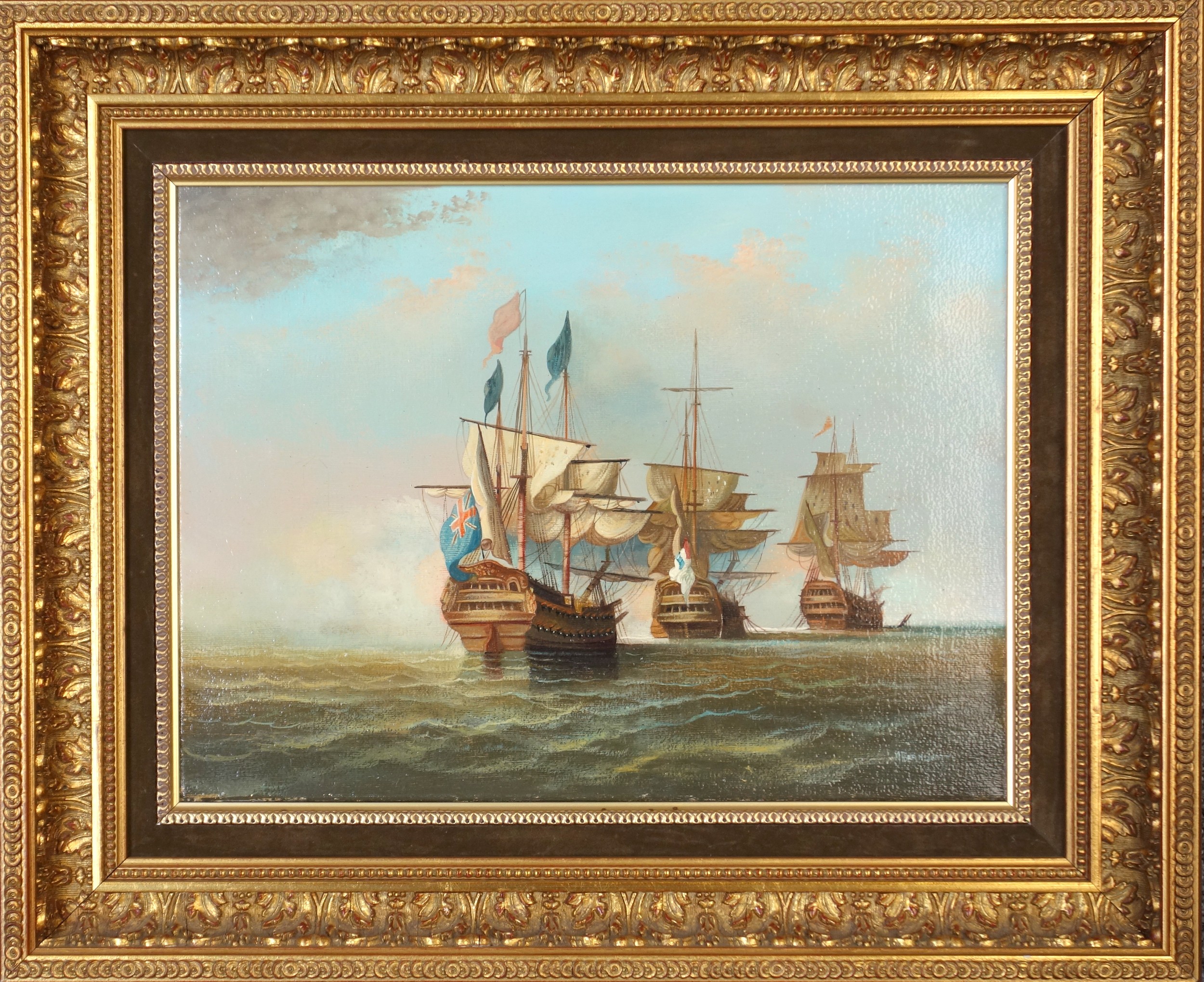 M Branduftt (20th Century), three Napoleonic gunships on the high seas, oil on canvas, signed