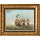 M Branduftt (20th Century), three Napoleonic gunships on the high seas, oil on canvas, signed