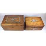 A Victorian walnut mother of pearl marquetry inlaid work box, W. 33cm and a Victorian walnut