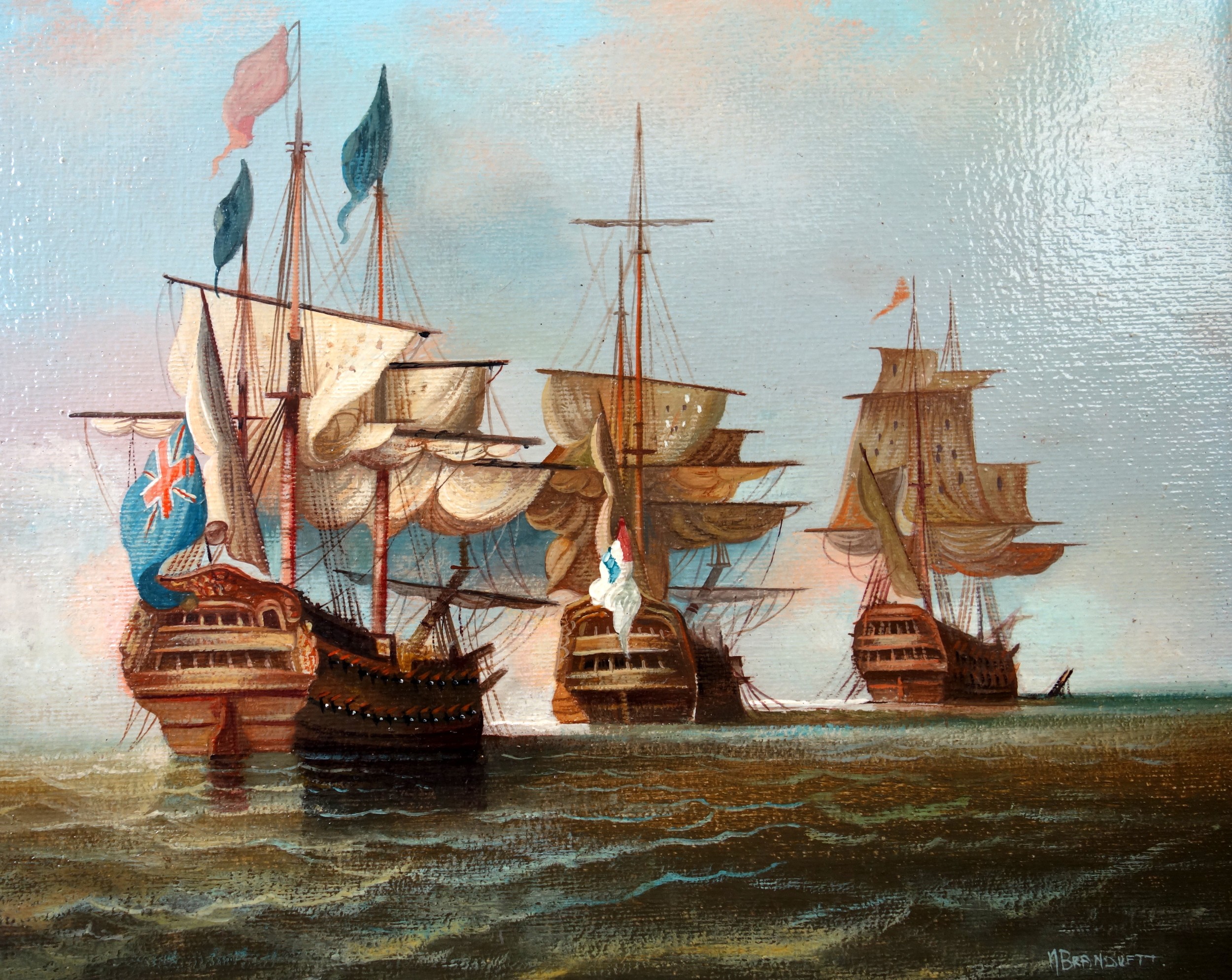 M Branduftt (20th Century), three Napoleonic gunships on the high seas, oil on canvas, signed - Bild 3 aus 4