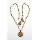 9ct. gold flat curb and oval link necklace with a yellow metal diamond and ruby set pendant ?Qu?hier