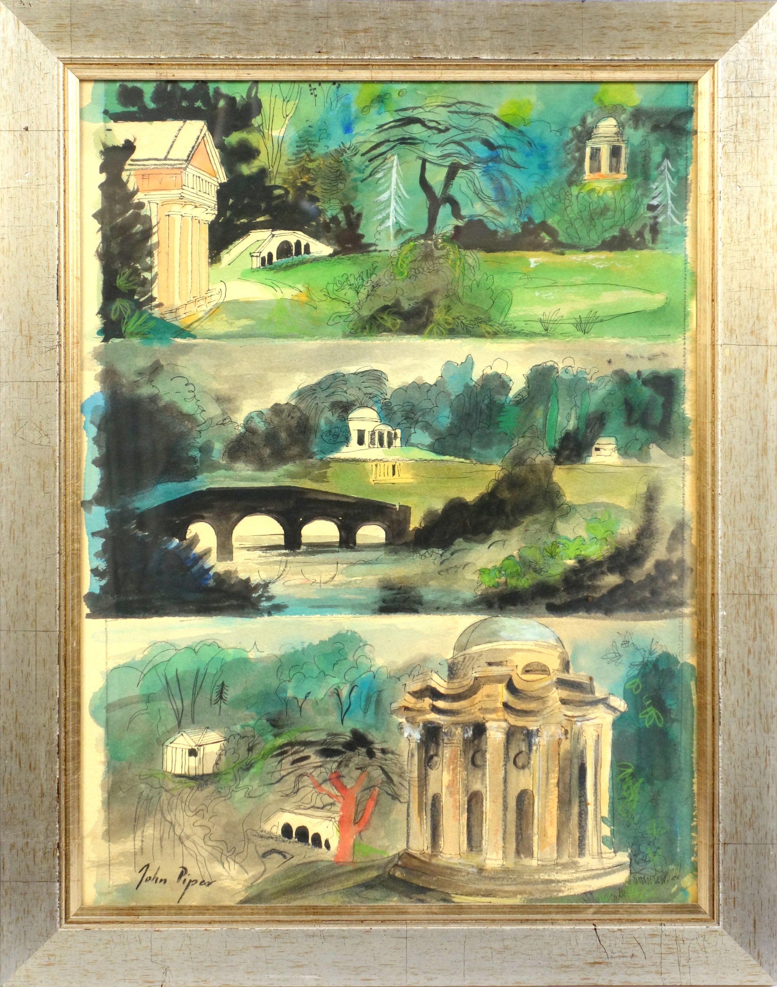 Circle of John Piper - Stourhead Gardens, illustrated in three sections with landmarks of the garden