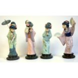 Lladro, set of four porcelain Japanese women, ?Timida?, Albanicos?, Sombrilla?, and Sayonara?, all