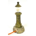 A serpentine lighthouse table lamp, H. 24 cm together with two antique carved oak rectangular