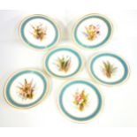 A set of 6 Royal Worcester porcelain botanical plates, circa 1870, each painted with meadow