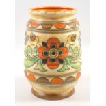 A Charlotte Rhead for Crown Ducal ribbed vase decorated in the Mexican pattern with colourful