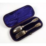 Victorian silver Christening Fiddle and Thread pattern set of a fork and spoon, each with a