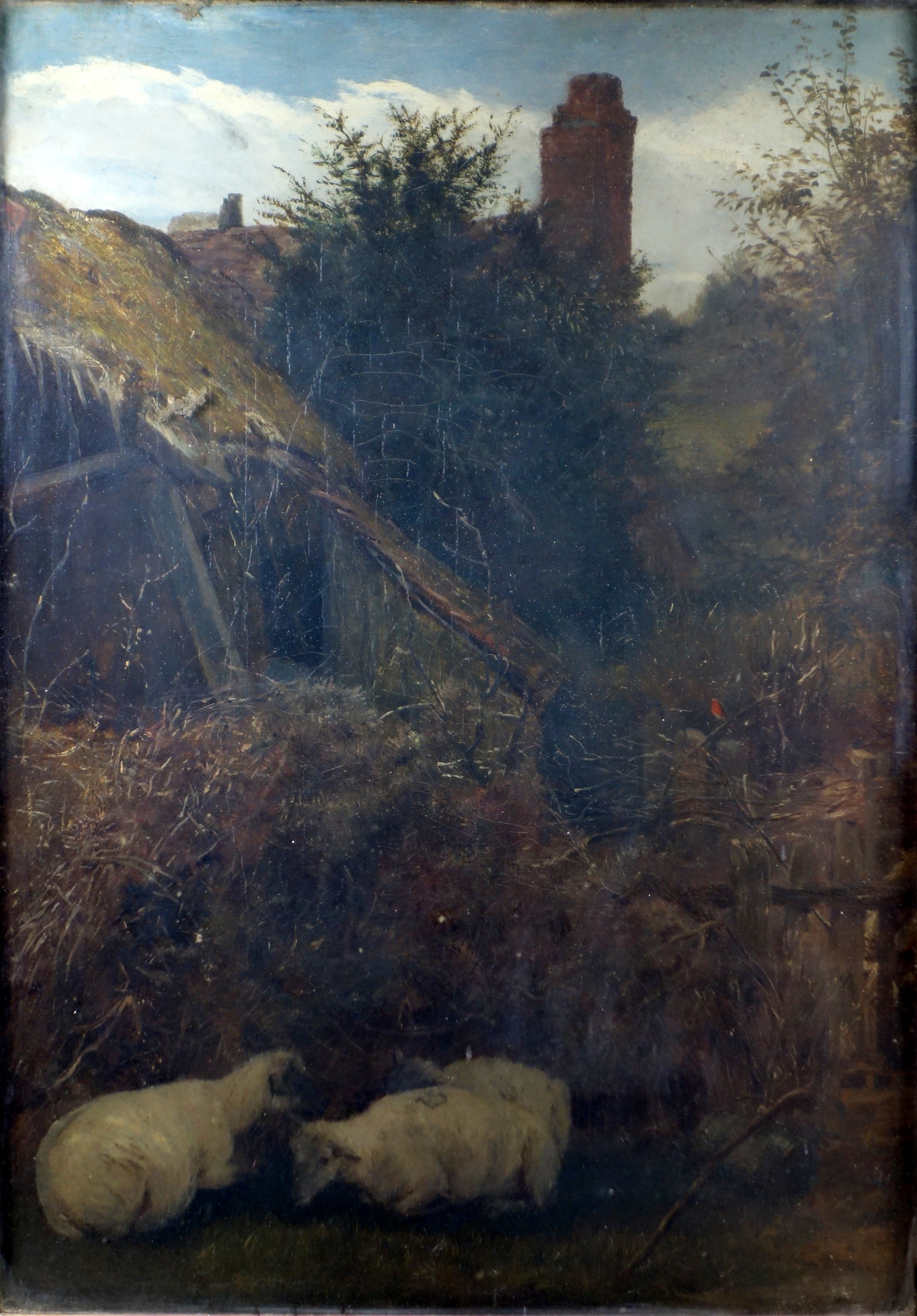 19th century English School ? Sheep resting in a ravine, an ancient ruin on the hill top, oil on - Bild 2 aus 8
