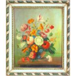 A pair of Still Life paintings of flowers in a vase, resting upon a table, oil on wood panel,