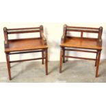 Two late Victorian oak and brass mounted window seats in the Regency taste, each with spindle