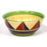 A Clarice Cliff Bizarre range pottery bowl with triangular geometric coloured outer rim, printed
