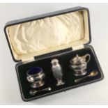 George V silver 3 piece cruet set of octagonal baluster form, comprising a mustard pot, salt