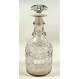 Late 18th/19th century Anglo-Irish cut glass decanter with hob-nail and flute cut decoration, two