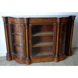 Fine Victorian inlaid walnut credenza with an inverted breakfront, serpentine ends, diapper