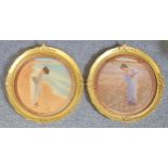A pair of late 19th/early 20th century circular prints depicting ladies, one on a beach, the other