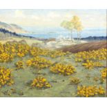 Mabel Young (British, 1889-1974) An expansive seascape with gorse bushes in the foreground, trees