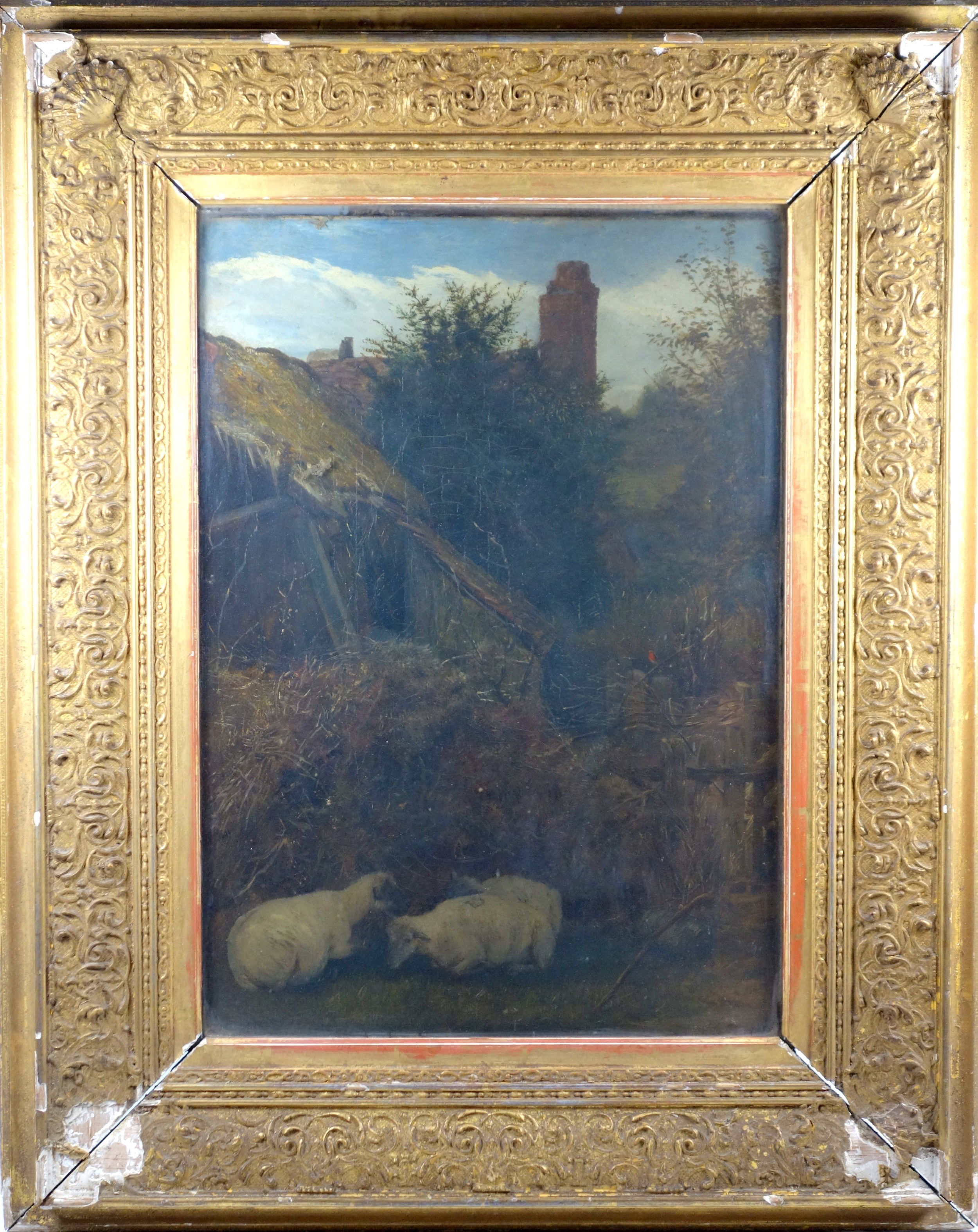 19th century English School ? Sheep resting in a ravine, an ancient ruin on the hill top, oil on