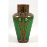 Art Nouveau Secessionist Riedel green glass and copper mounted vase with Aventurine cabouchons, H.