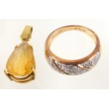 Foreign 9ct. gold dress ring encrusted with diamonds, Import marks, London 1991, 3.5grs and a yellow