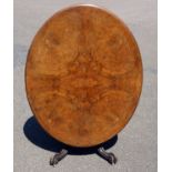 A Victorian walnut floral marquetry inlaid breakfast table, the oval tilt top with moulded edge on a