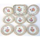 An early 20th century German porcelain 8 piece dessert service comprising a square dish, 5 dessert