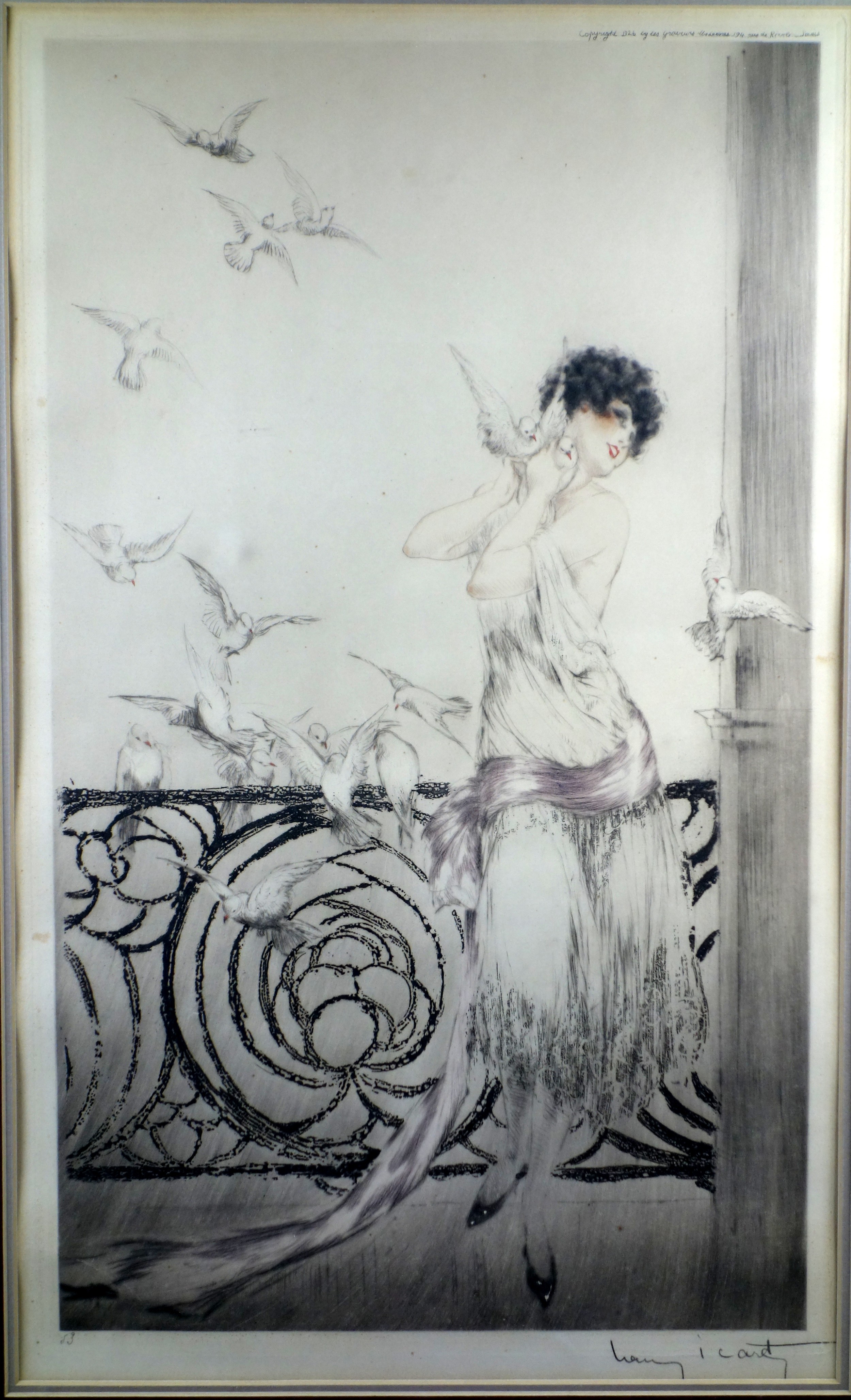Early 20th century School- A young woman in 1930?s dress standing on a balcony alongside doves, - Bild 2 aus 4