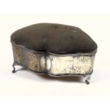 Edwardian silver trinket box with a shaped serpentine front, vacant oval cartouche and pin cushion