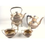 George V silver 4 piece coffee set comprising an oval baluster coffee pot with semi-fluted