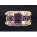 Yellow metal ring with amethysts and illusion set diamonds, stamped 9K, gross 4.8grs