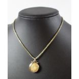 Yellow metal box link necklace with a Victoria half sovereign pendant, in a glazed 9ct mount, L