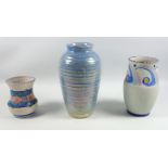 Moorcroft blue lustre ribbed baluster vase, H 19.7cm, and 2 Honiton vases (3)