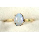 Yellow metal ring set opal, 4 x 4mm, with diamond set shoulders, stamped 18ct, gross 3grs, and