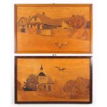 Two Arts & Crafts marquetry pictures by Charles Spindler, one with a church, cottage and trees,