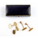 Pair of 15ct gold cufflinks with gilt chains, Chester, gross 4.1grs and a pair of 9ct oval