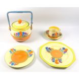 Clarice Cliff 'Bizarre' Crocus pattern teaware, comprising an octagonal plate, W.22 cm, circular