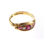 George V, 18ct gold ring set 3 rubies and 2 diamonds, by J J & Co., Birmingham 1912, gross 2.3grs