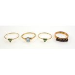 Yellow metal ring set 5 sapphires, stamped “375”, ring set aquamarine, stamped 9ct, and 2 rings,