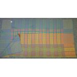 A Traditional Welsh Woollen blanket in orange, yellow, blue and green, trimmed ends, 175cm x 206cm