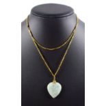 Chinese yellow metal box and bar link necklace, L 83.5cm, 13.3grs, with a jade heart shaped