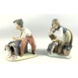 Lladro group "Caress And Rest" depicts a girl petting a dog while leaning on a tree stump, 1246, H
