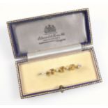 Edwardian 15ct gold bar brooch set 3 heart shaped yellow topaz and seed pearls, L 4.4cm, gross 2.