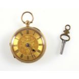 Late Victorian 18ct gold pocket watch with a gilt circular dial and black Roman numerals,