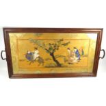 Japanese rectangular two-handled hardwood tray with a glazed giltwood panel painted with 6