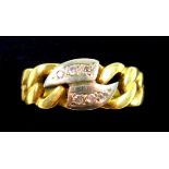 Yellow metal pierced crossover ring set 6 brilliants, gross 3.9grs