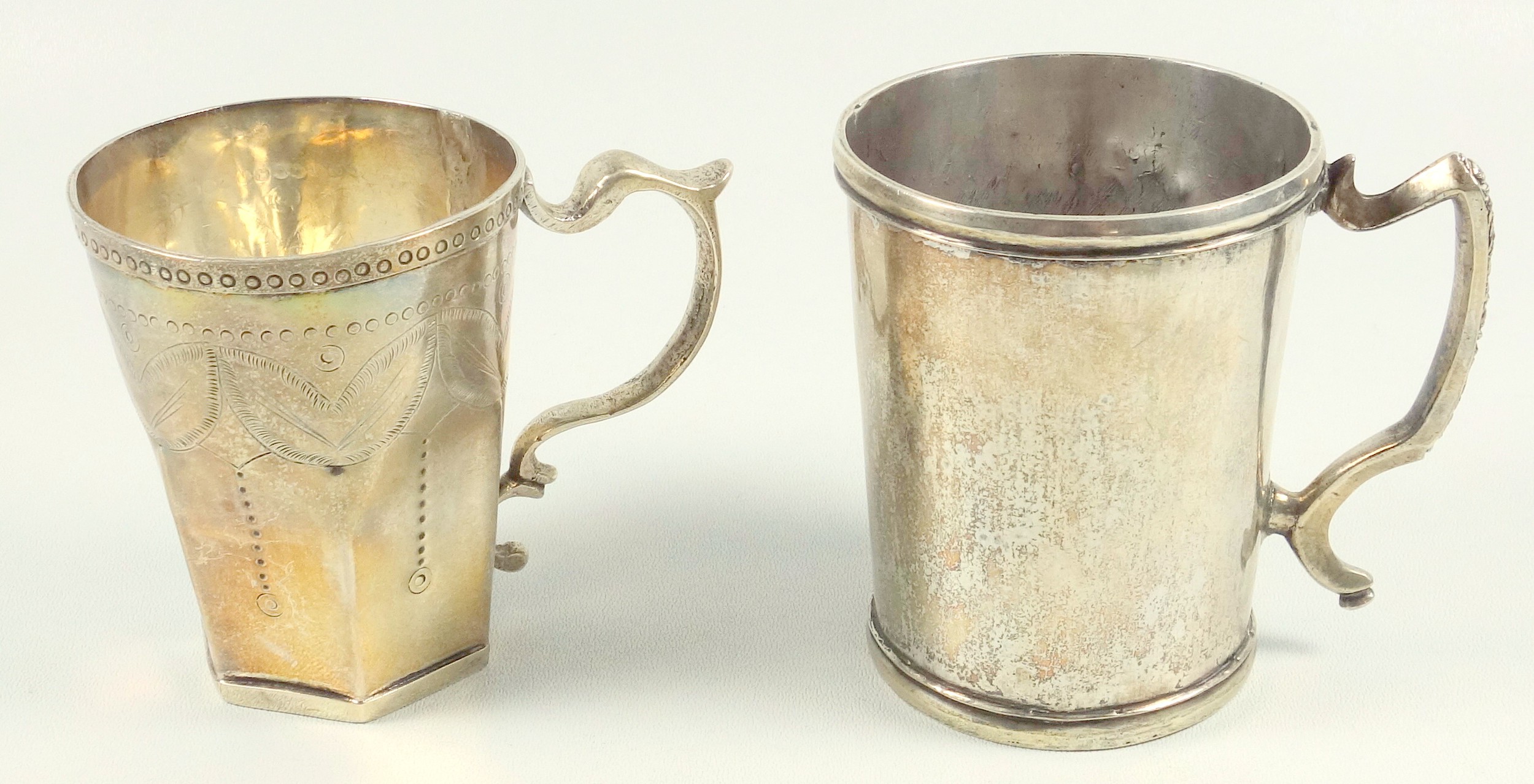 Peruvian white metal tapering hexagonal mug with engraved leaf and bead decoration, and scroll