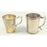 Peruvian white metal tapering hexagonal mug with engraved leaf and bead decoration, and scroll
