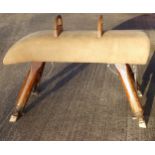 Vintage Spencer Heath & George pommel horse, suede and pine gymnasium vaulting apparatus, mid-20th